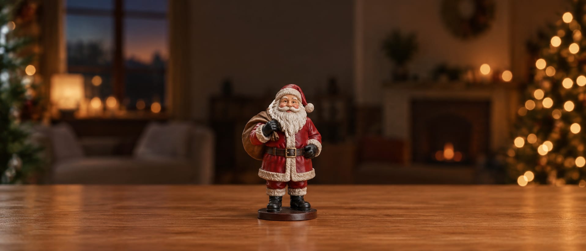 A hand-painted Santa Claus figure on a wooden table in front of Christmas tree lights