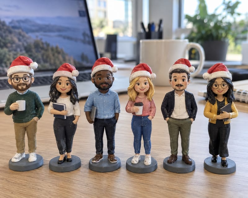 Six 3D printed figures of office staff wearing Santa hats